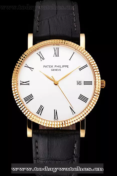 Patek Philippe Calatrava White Dial Roman Numerals Ribbed Bezel Gold Case Black Leather Strap Pant122487
