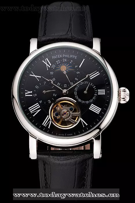 Patek Philippe Grand Complications Moonphase Perpetual Calendar Tourbillon Black Dial Stainless Steel Case Black Leather Strap Pant122622