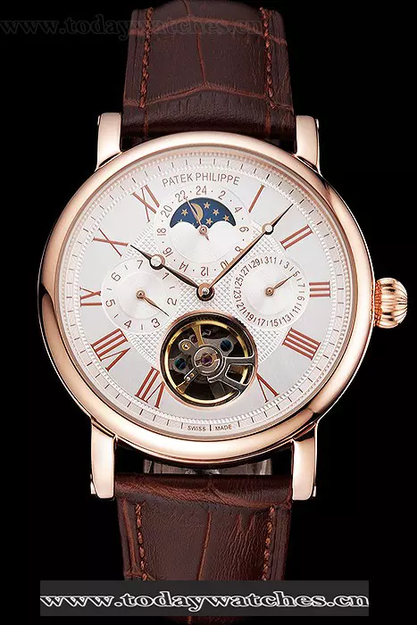 Patek Philippe Grand Complications Moonphase Perpetual Calendar Tourbillon White Dial Rose Gold Case Brown Leather Strap Pant122623