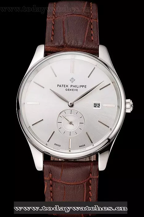 Patek Philippe Calatrava Date Silver Dial Stainless Steel Case Brown Leather Strap Pant122626