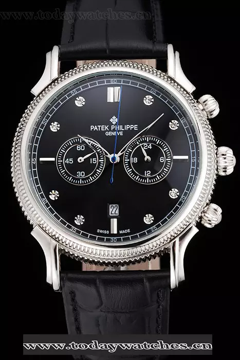Patek Philippe Chronograph Black Dial With Diamonds Stainless Steel Case Black Leather Strap Pant122952