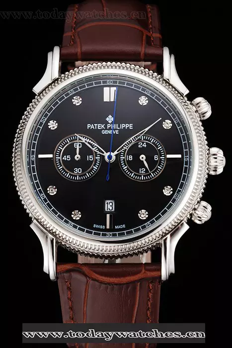 Patek Philippe Chronograph Black Dial With Diamonds Stainless Steel Case Brown Leather Strap Pant122953
