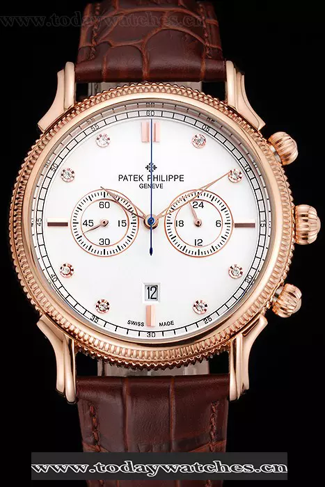 Patek Philippe Chronograph White Dial With Diamonds Rose Gold Case Brown Leather Strap Pant122960