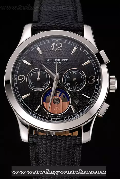 Patek Philippe Chronograph Black Guilloche Dial Stainless Steel Case Black Leather Strap Pant123379