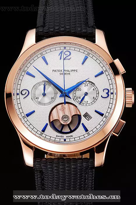 Patek Philippe Chronograph White Guilloche Dial Rose Gold Case Black Leather Strap Pant123382