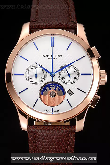Patek Philippe Chronograph White Dial Rose Gold Case Brown Leather Strap Pant123383