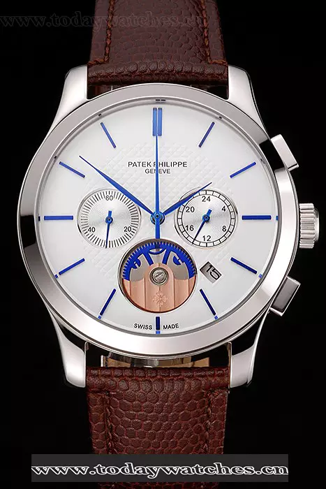 Patek Philippe Chronograph White Dial Blue Hands Stainless Steel Case Brown Leather Strap Pant123384