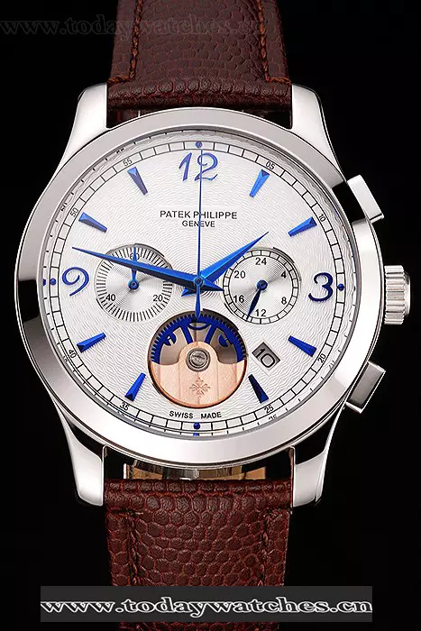 Patek Philippe Chronograph White Guilloche Dial Blue Hands Stainless Steel Case Brown Leather Strap Pant123386