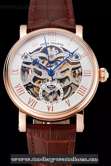 Patek Philippe Grand Complications White Skeleton Dial Rose Gold Case Brown Leather Strap Pant123913