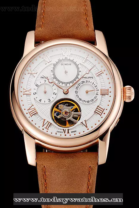 Patek Philippe Grand Complications Day Date Tourbillon White Dial Rose Gold Case Brown Suede Leather Strap Pant123918