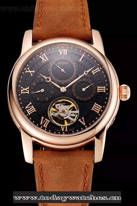 Patek Philippe Grand Complications Day Date Tourbillon Black Dial Rose Gold Case Brown Suede Leather Strap Pant123919