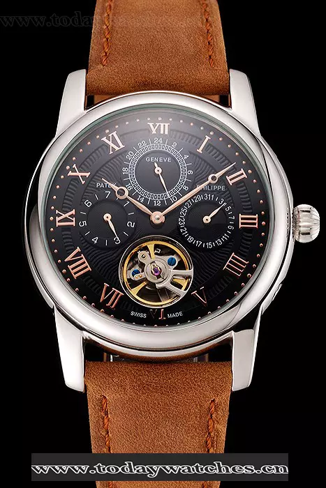 Patek Philippe Grand Complications Day Date Tourbillon Black Dial Rose Gold Numerals Stainless Steel Case Brown Suede Leather Strap Pant123920