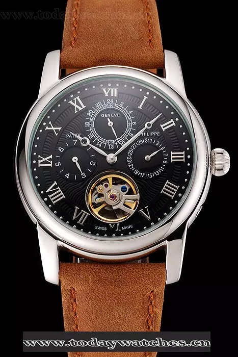 Patek Philippe Grand Complications Day Date Tourbillon Black Dial Numerals Stainless Steel Case Brown Suede Leather Strap Pant123921