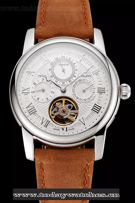 Patek Philippe Grand Complications Day Date Tourbillon Whie Dial Stainless Steel Case Brown Suede Leather Strap Pant123922