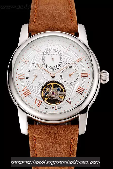 Patek Philippe Grand Complications Day Date Tourbillon White Dial Rose Gold Numerals Stainless Steel Case Brown Suede Leather Strap Pant123923