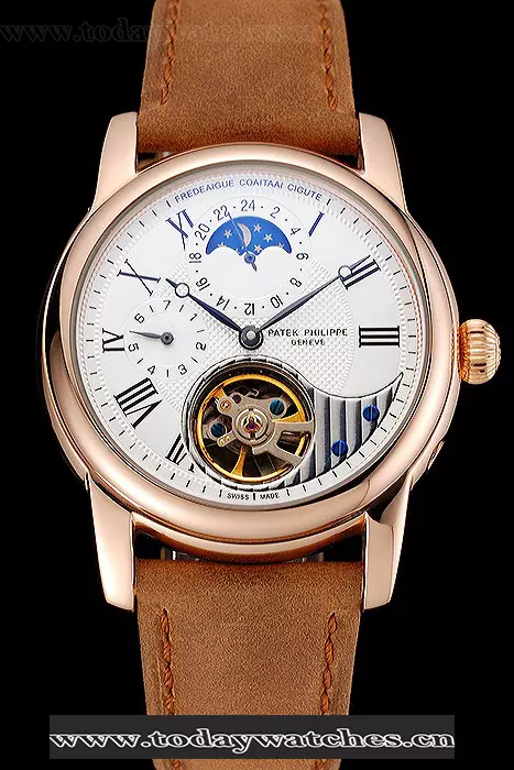Patek Philippe Grand Complications Gmt Moonphase Tourbillon White Dial Rose Gold Case Brown Suede Leather Strap Pant123924