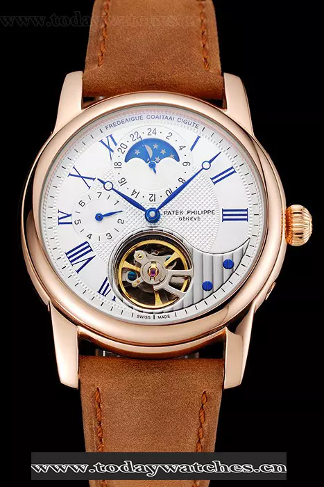 Patek Philippe Grand Complications Gmt Moonphase Tourbillon White Dial Blue Numerals Rose Gold Case Brown Suede Leather Strap Pant123925