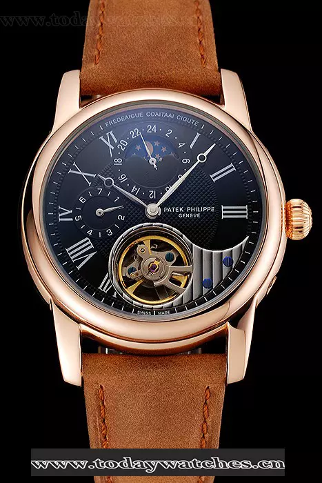 Patek Philippe Grand Complications Gmt Moonphase Tourbillon Black Dial Rose Gold Case Brown Suede Leather Strap Pant123926