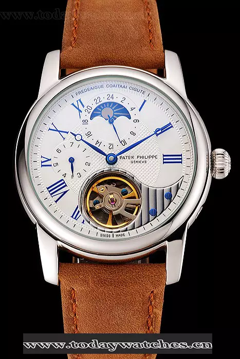Patek Philippe Grand Complications Gmt Moonphase Tourbillon White Dial Blue Numerals Stainless Steel Case Brown Suede Leather Strap Pant123928