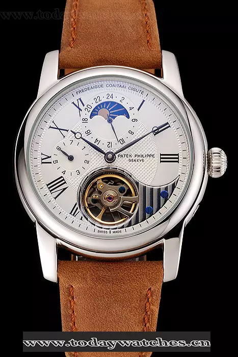 Patek Philippe Grand Complications Gmt Moonphase Tourbillon White Dial Stainless Steel Case Brown Suede Leather Strap Pant123929