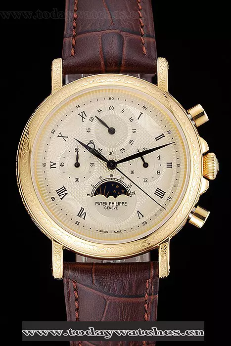 Patek Philippe Grand Complications Gold Dial Engraved Gold Case Brown Leather Bracelet Pant125138