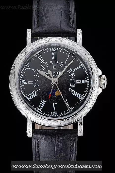Patek Philippe Perpetual Calendar Retrograde Date Black Dial Engraved Silver Case Black Leather Bracelet Pant125143