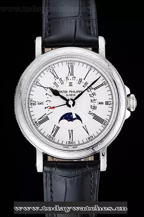 Patek Philippe Perpetual Calendar Retrograde Date White Dial Engraved Silver Case Black Leather Bracelet Pant125144