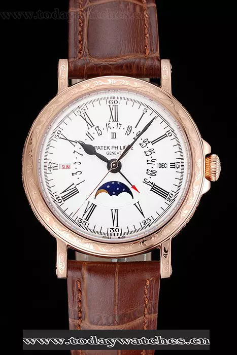 Patek Philippe Perpetual Calendar Retrograde Date White Dial Engraved Rose Gold Case Brown Leather Bracelet Pant125145