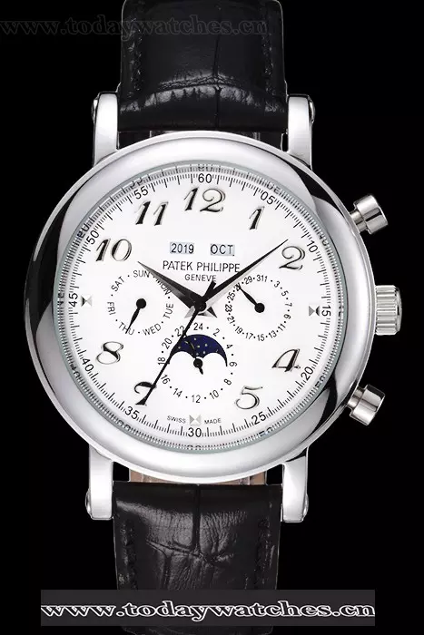 Patek Philippe Grand Complications Moon Phase White Dial Black Leather Bracelet Pant59082