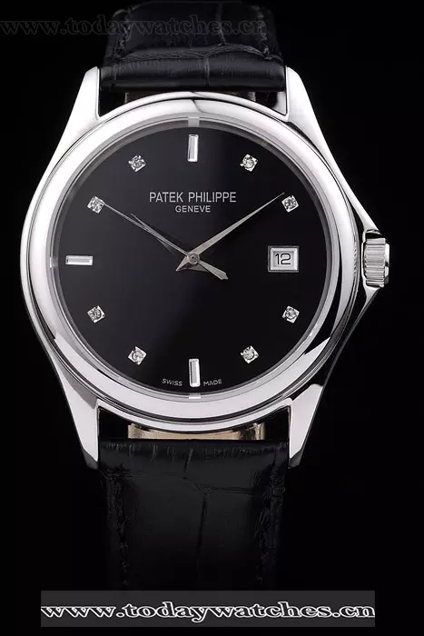 Patek Philippe Geneve Calatrava Crystal Studded Hour Marker Black Dial Black Leather Strap Pant59182