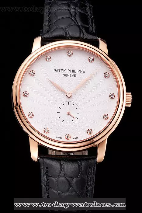 Patek Philippe Calatrava White Guilloche Dial Rose Gold Case Black Leather Strap Pant121960