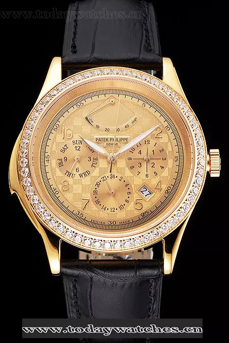 Patek Philippe Grand Complications Power Reserve Gold Dial And Case Diamond Bezel Black Leather Strap Pant121984