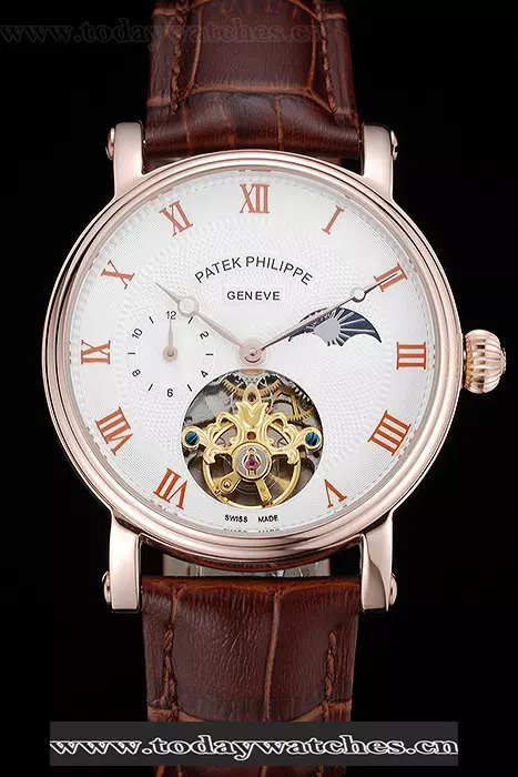 Patek Philippe Complications Moonphase Tourbillon White Dial Rose Gold Case Brown Leather Strap Pant122619
