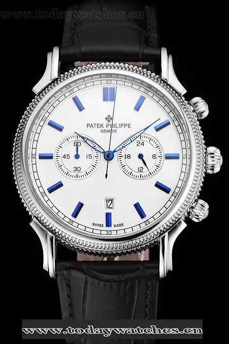 Patek Philippe Chronograph White Dial Blue Markings Stainless Steel Case Black Leather Strap Pant122956