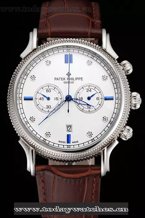 Patek Philippe Chronograph White Dial With Diamond And Blue Markings Stainless Steel Case Brown Leather Strap Pant122957