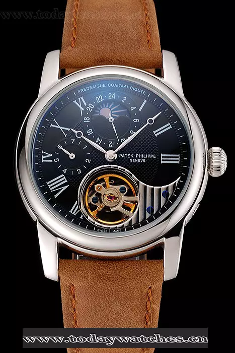 Patek Philippe Grand Complications Gmt Moonphase Tourbillon Black Dial Stainless Steel Case Brown Suede Leather Strap Pant123927