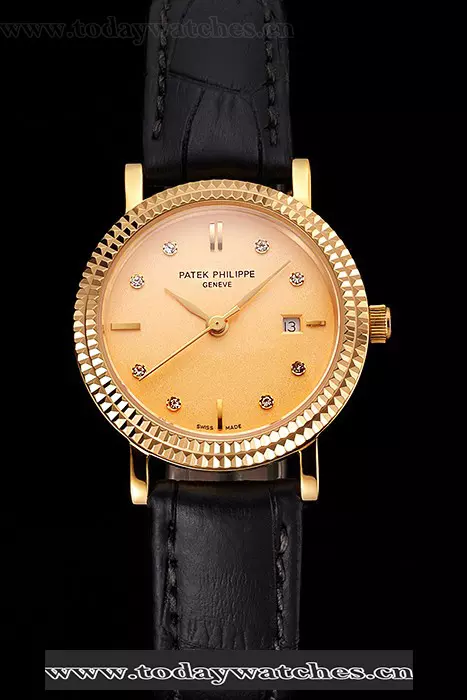 Patek Philippe Calatrava Gold Dial Dimond Hour Marks Double Ribbed Bezel Gold Case Black Leather Strap Pant122477