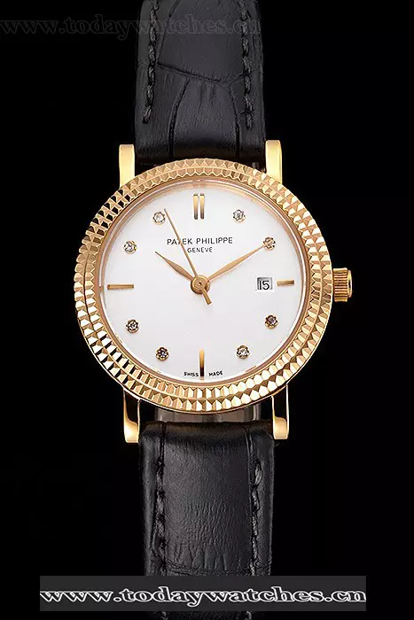 Patek Philippe Calatrava White Dial Diamond Hour Marks Double Ribbed Bezel Gold Case Black Leather Strap Pant122481