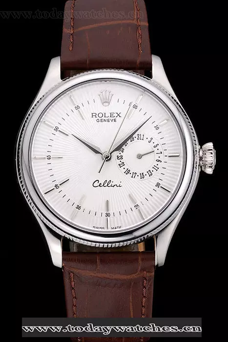 Rolex Cellini White Dial Stainless Steel Case Brown Leather Bracelet Pant60649