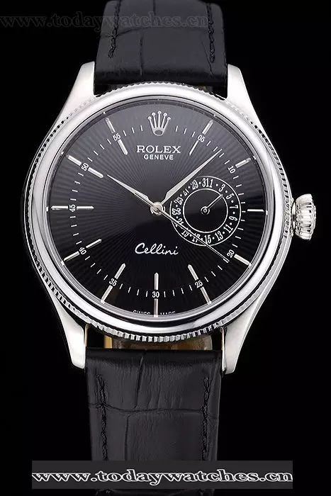 Rolex Cellini Black Dial Stainless Steel Case Black Leather Bracelet Pant60650