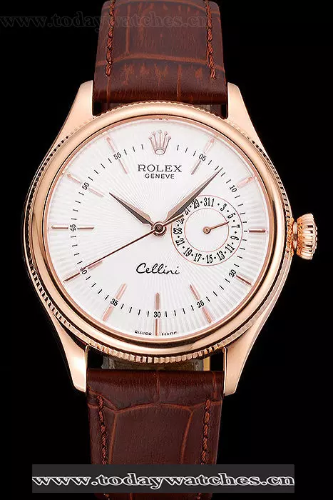 Rolex Cellini White Rose Dial Gold Case Brown Leather Bracelet Pant60651