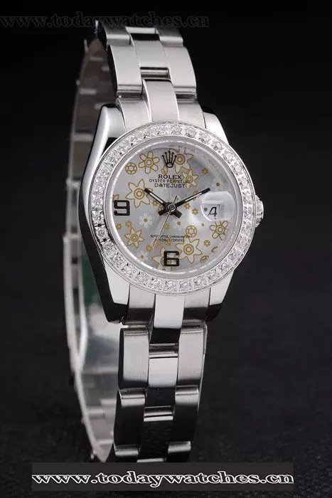 Rolex Datejust Polished Stainless Steel Silver Flowers Dial Diamond Plated Pant58023