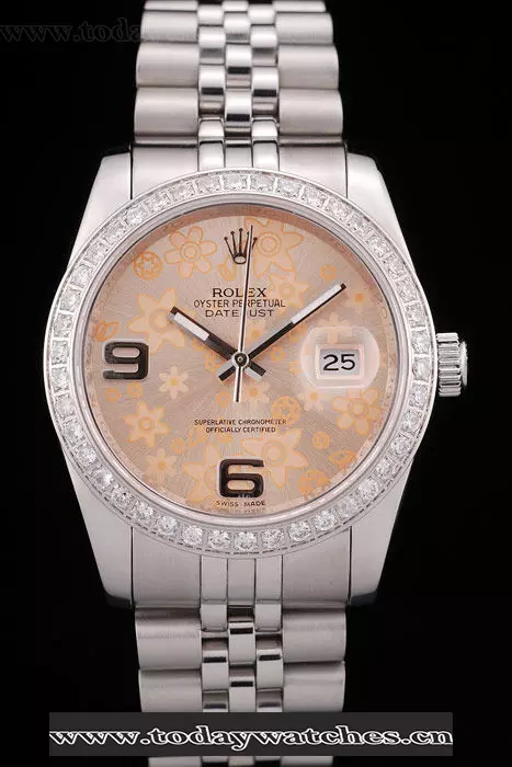 Rolex Datejust Brushed Stainless Steel Case Orange Flowers Dial Diamonds Plated Pant58680