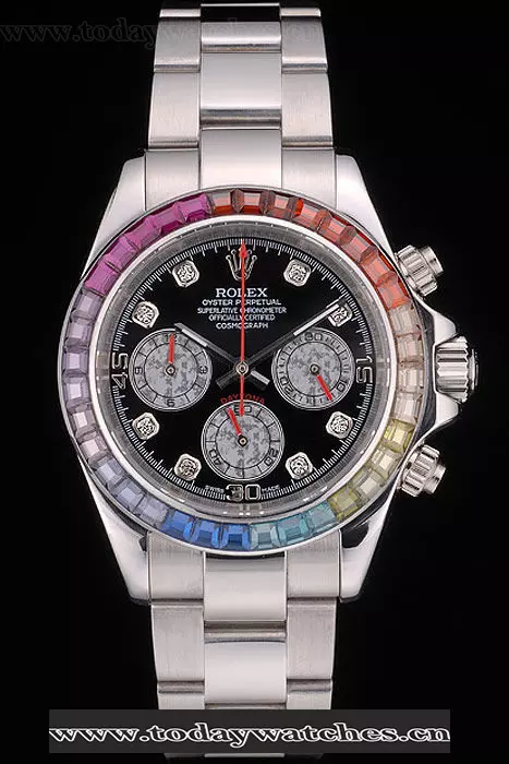 Rolex Daytona Cosmograph Rainbow Crystals Bezel Stainless Steep Strap Black Dial Pant59214