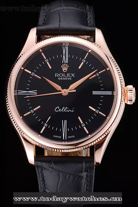 Rolex Cellini Black Dial Pink Gold Case Black Leather Strap Pant120985