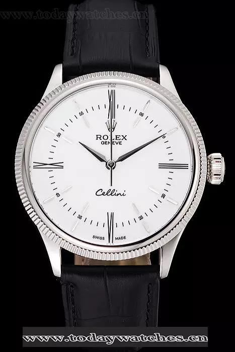 Rolex Cellini Time Silver Case White Dial Black Leather Bracelet Pant60537