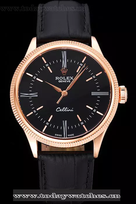 Rolex Cellini Time Rose Gold Case Black Dial Black Leather Bracelet Pant119934