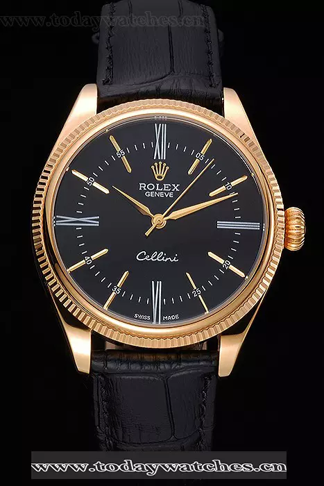 Rolex Cellini Black Dial Gold Case Black Leather Strap Pant120975