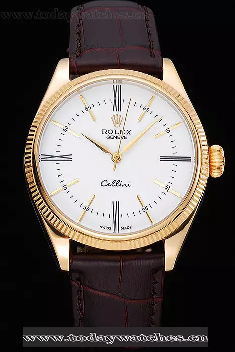 Rolex Cellini White Dial Gold Case Brown Leather Strap Pant120976