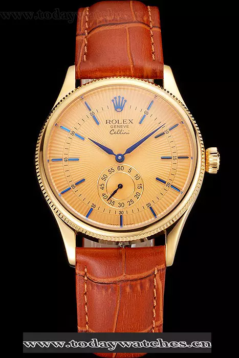 Rolex Cellini Gold Dial Blue Markings Gold Case Light Brown Leather Strap Pant121587